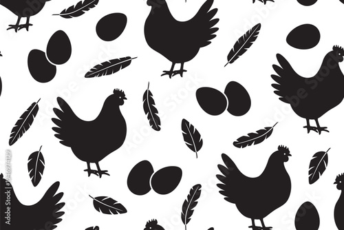 black seamless pattern with hens, eggs and feathers simple farm poultry background- vector illustration