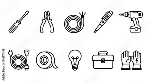 A collection of black outline icons representing tools used in electrical work, including a screwdriver, pliers, wire, drill, and lightbulb, on a white background.