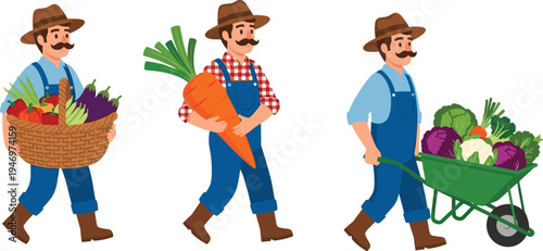 Cartoon farmer illustration, vegetable harvest, agriculture concept, fresh produce, healthy food, sustainability theme, flat vector design, farming lifestyle, rural character