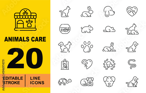 Pet Adoption & Domestic Animal Icons. 20 Editable stroke vector icons for pet services. Featuring cats, dogs, rabbits, hamsters, turtles, and bird cages for animal shelter or pet clinic UI design.