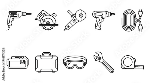 A collection of black line art icons representing various tools for construction, DIY, and repair work on a white background.