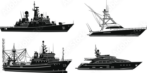 Military ship silhouette, sport fishing yacht silhouette, commercial fishing trawler silhouette, luxury yacht silhouette, naval vessel, fishing boat, yacht, CAD drawing flat vector illustration