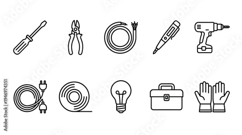 A collection of black outline icons representing essential electrical tools and equipment, including a screwdriver, pliers, drill, and light bulb on a clean white background.