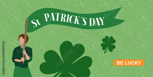 Jeunne femme avec un drapeau pour le défilé le jour de la fête de la SAINT PATRICK. Illustration vectorielle avec un fond papier peint au motifs de trèfle