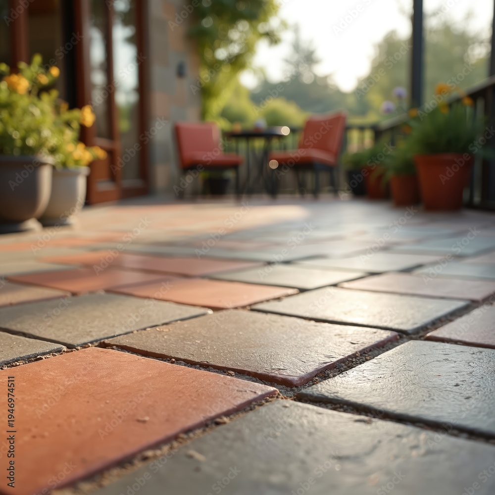Obraz premium Patterned patio tiles in red gray beige show outdoor seating area with potted plants. Sunlight warms paved surface near modern house exterior, garden landscaping.