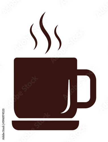 Brown vector of a steaming mug of hot coffee placed on a simple saucer