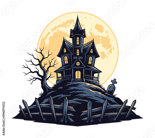 Spooky vector of a haunted mansion on a hill under a full moon with a graveyard nearby