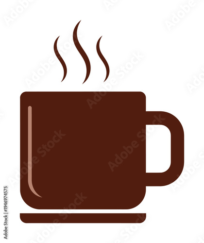 Vector of a steaming hot drink in a brown mug placed on a matching saucer