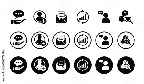 Business communication icon set featuring speech bubbles, add user, email checklist, data refresh, and product search. Black and white vector symbols for customer support and social networking.