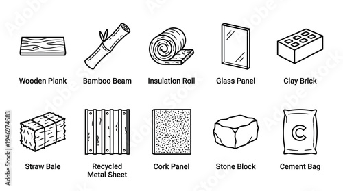 A clean vector illustration showcases ten essential construction materials including wood, bamboo, insulation, glass, brick, straw, metal, cork, stone, and cement against a white background.