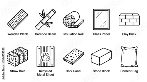 A collection of hand-drawn line art icons depicts various building materials like wood, bamboo, insulation, glass, brick, straw, metal, cork, stone, and cement for construction and design concepts.