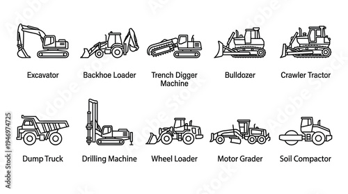 A collection of vector line art icons depicting various heavy construction vehicles including excavators, bulldozers, dump trucks, and compactors for industrial use.