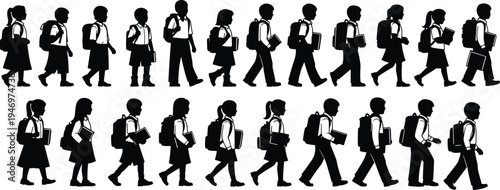Silhouette school children walking in uniform, carrying backpacks and books, educational concept, student group movement, academic learning, cad drawing flat vector illustration