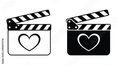 Clapperboard Love Icon Movie Slate with Heart Symbol Black and White