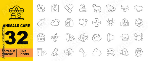 Pet Care, Veterinary Clinic, and Animal Welfare Line Icons. Editable stroke icons for pet grooming and health. Featuring medical records, stethoscopes, pet food, grooming scissors, and bandages