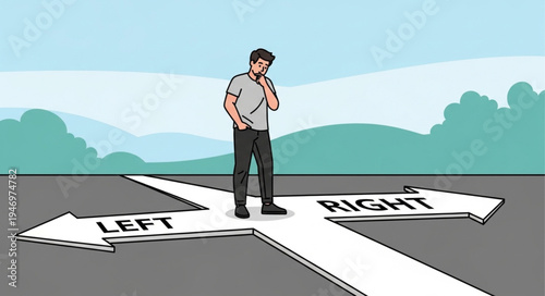 Man Standing on Road Crossroads.