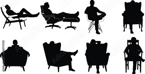 Man sitting on chair silhouettes collection including lounge chair, armchair and modern seat poses isolated on white background