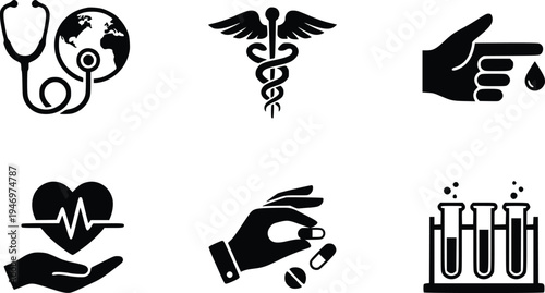 Medical and Healthcare Icon Set Black Silhouettes on White
