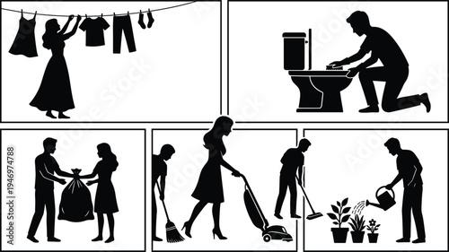 Household Chores Silhouette Collection with Laundry Cleaning Vacuum Trash Disposal Toilet Repair and Gardening Daily Home Activities
