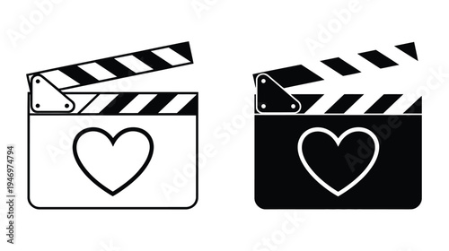 Clapperboard Heart Icon Film Slate with Love Symbol Black and White Vector