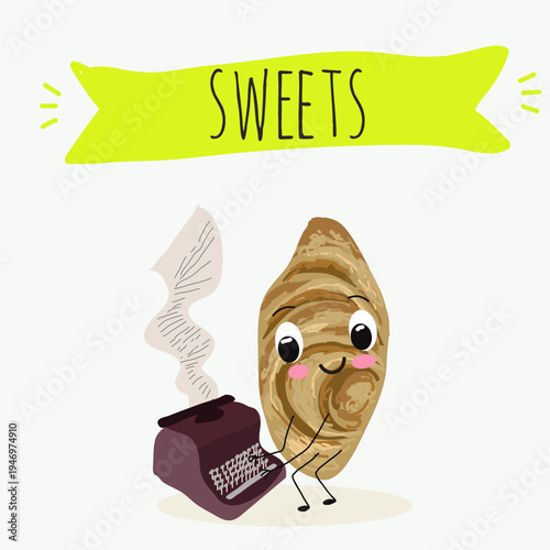 Funny Characters Shekerbura, Badambura dessert, hand drawn vector illustration.