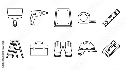 This is a set of line art icons representing various construction and DIY tools including a drill, ladder, toolbox, gloves, and safety helmet.