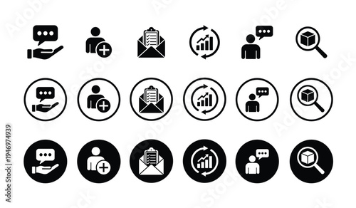 Business communication icon set featuring speech bubbles, add user, email checklist, data refresh, and product search. Black and white vector symbols for customer support and social networking.