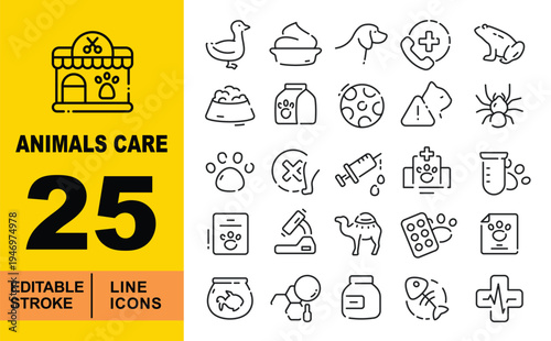 Veterinary & Animal Health Services Icons. Editable stroke vector icons for pet care. Featuring medical syringes, microscopes, pet food, clinic hotlines, medicine blisters, and laboratory flasks