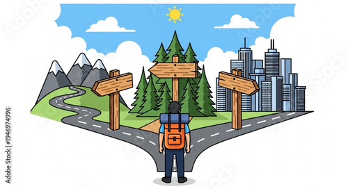 Man standing on road fork.