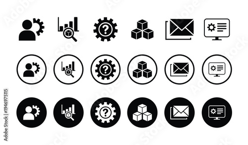 Professional system management icons: user settings, data audit, help gear, block logistics, and email alerts. Minimalist black and white vector graphics for software and supply chain apps.