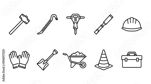 A collection of simple line art icons representing various construction tools and safety equipment on a white background.
