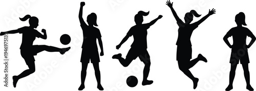 Girls Soccer Silhouette Set with Female Football Players Kicking Ball Jumping and Celebrating Sport Actions Isolated on White