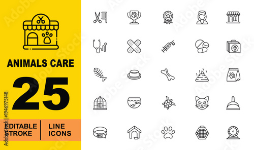 Veterinary & Pet Grooming Line Icons. Editable stroke vector icons for animal clinics and pet shops. Featuring grooming scissors, medical syringes, pet trophies, bandages, bird cages, and hamster