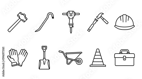 A minimalist icon set featuring essential construction tools like a sledgehammer, crowbar, jackhammer, hammer, hard hat, gloves, shovel, wheelbarrow, cone, and toolbox.