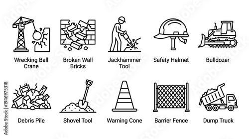 A collection of black and white line art icons depicting various construction tools and equipment, ideal for illustrating projects and industry concepts.