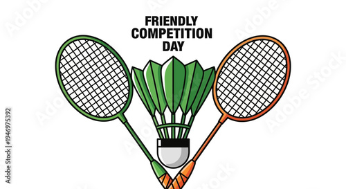 Friendly Competition Day Badminton Illustration With Shuttlecock And Racquets Against White