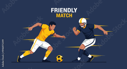 Friendly Match Depicting Soccer Player And American Football Player Competing