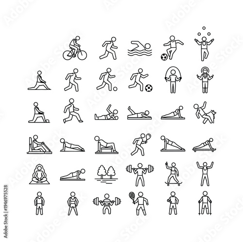 Variety of vector icons representing different fitness activities and exercises for health and wellness