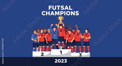 Futsal Champions Celebrate Their Victory and Triumphantly Holding the Trophy