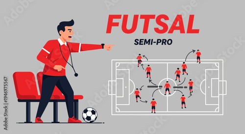 Futsal Coach Directing Strategy With Players on the Field, Demonstrating Tactics