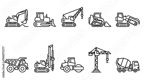 A clean, minimalist collection of line art icons depicting various heavy construction machinery, perfect for technical or industrial design projects.