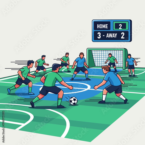 Futuristic Futsal Showdown Depicting Intense Match with Lively Players and a Competitive Scoreboard