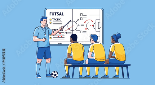 Futsal Coach Illustrates Game Strategy on Whiteboard to a Group of Attentive Players