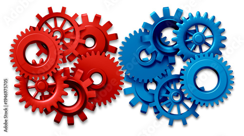 Business team collaboration as a coordinated effort of two united groups one blue one red as a team of gears and cogs working together sharing ideas and responsibilities to achieve common organization