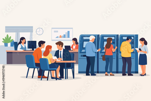 Modern Bank Interior Flat Vector Illustration with Customers Using ATM Machines for Cash Withdrawals, Consulting with Financial Advisors at Desks, and Managing Personal Banking Services.