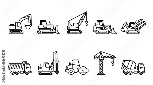 A clean, modern collection of black outline icons depicts various construction vehicles on a white background, perfect for web design and infographics.