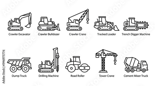 A collection of clean, line art icons representing various heavy construction vehicles and machinery for industry-related projects.