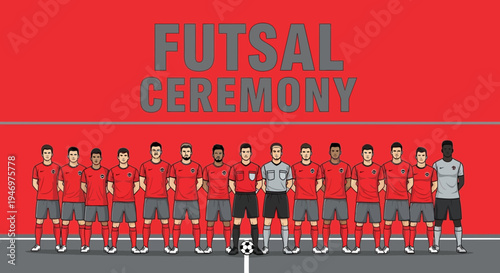 Futsal Team Ready for Ceremony and Sport Celebration on Vibrant Crimson Background