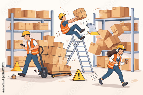 Careless Warehouse Workers in a Dangerous Environment with Safety Hazards, Falling Boxes, and Distracted Employees Using Phones and Headphones, Flat Vector Illustration of Workplace Accidents.