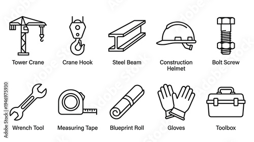 This set of vector icons features essential construction tools like a tower crane, steel beam, hard hat, wrench, and toolbox, perfect for illustrating industry concepts.